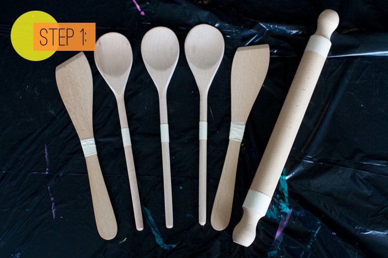 Paint Dipped Wooden Spoons Spatulas Rolling Pin Home DIY Colourful Kitchen Step 1