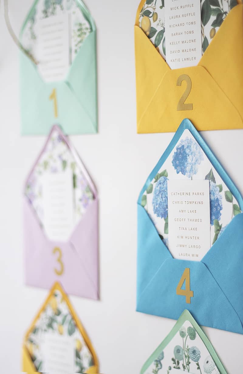 Pretty DIY Envelope Table plan with free printable floral envelope liners