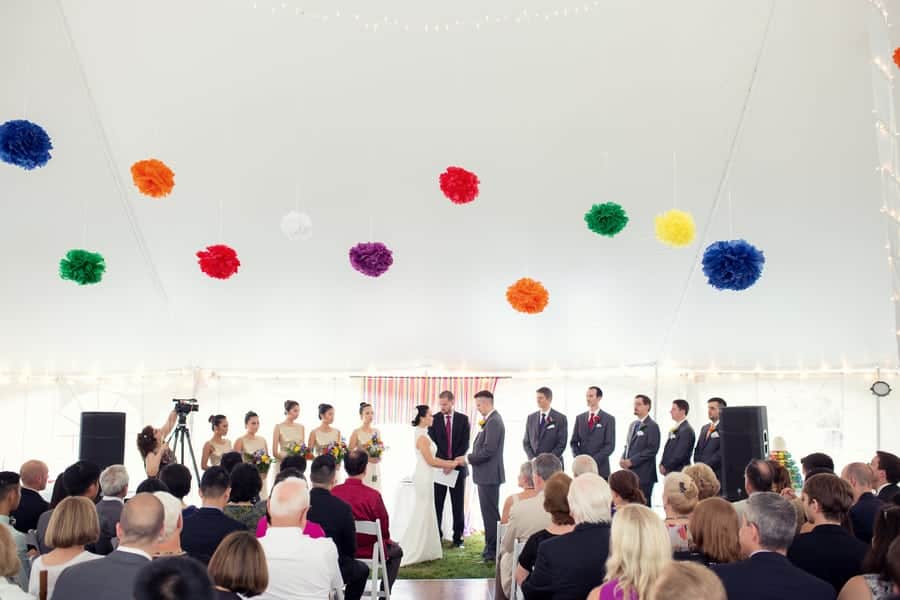 DIY Wedding with Coloruful Pompoms and rainbow backdrop 2
