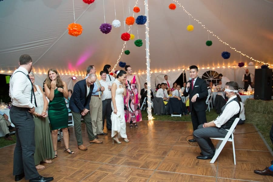 DIY Wedding with Coloruful Pompoms and rainbow backdrop Tent Marquee
