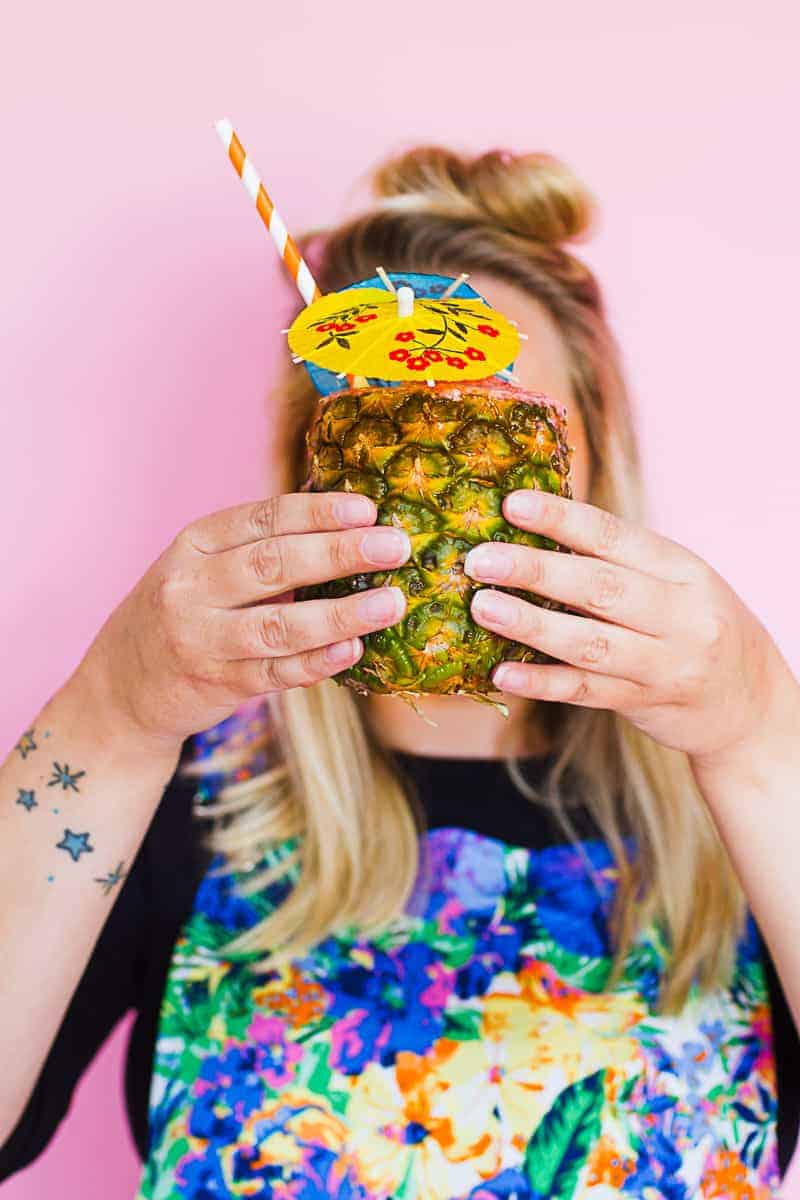 DIY Strawberry and pineapple frozen daiquiri Recipe in a pineapple fun tropical drink summer cocktail-2