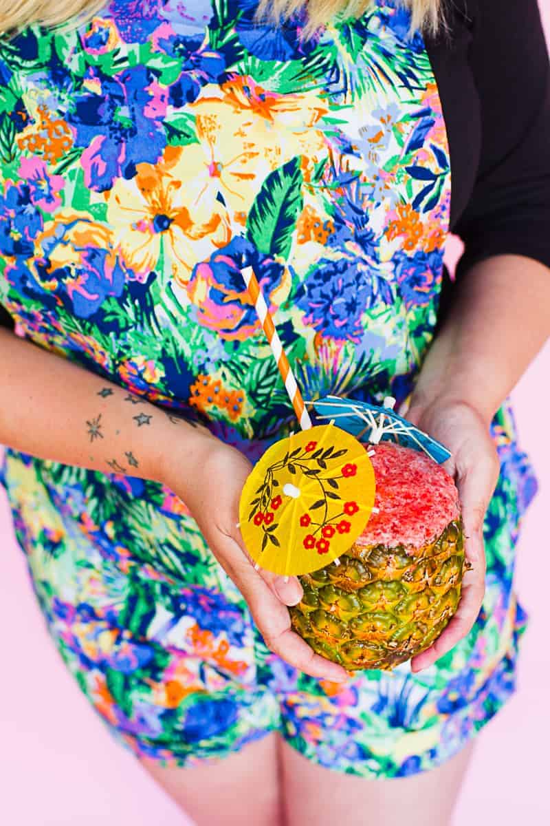 DIY Strawberry and pineapple frozen daiquiri Recipe in a pineapple fun tropical drink summer cocktail-5