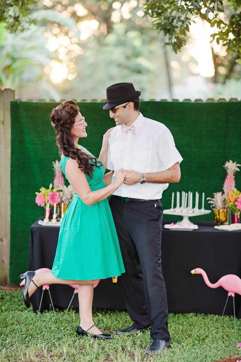 Flamingo Themed Engagement Shoot Party Retro pineapples gold pink wedding inspiration-27