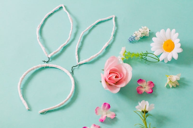 DIY bunny ears floral flower crown easter spring tutorial with faux flowers and lace flower girl accessories headband-1