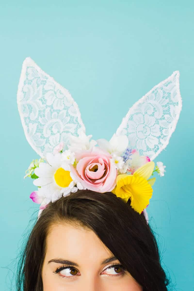 DIY bunny ears floral flower crown easter spring tutorial with faux flowers and lace flower girl accessories headband-10
