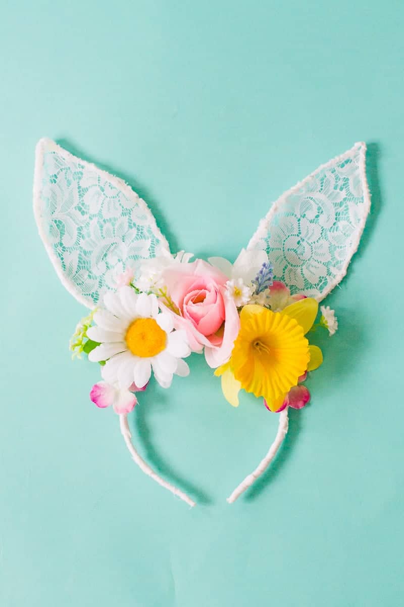 DIY bunny ears floral flower crown easter spring tutorial with faux flowers and lace flower girl accessories headband-4