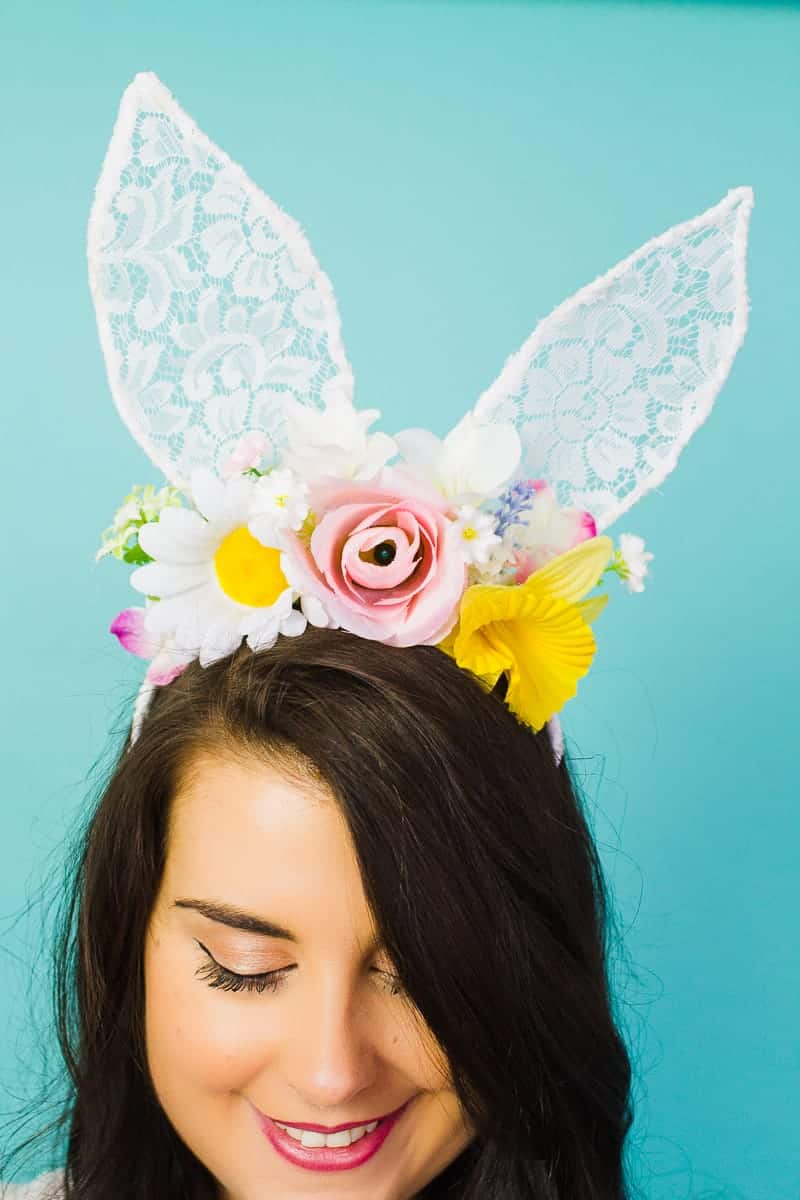 DIY bunny ears floral flower crown easter spring tutorial with faux flowers and lace flower girl accessories headband-5