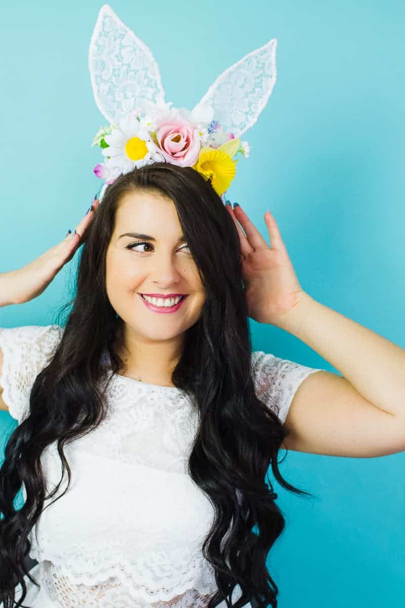 DIY bunny ears floral flower crown easter spring tutorial with faux flowers and lace flower girl accessories headband-6