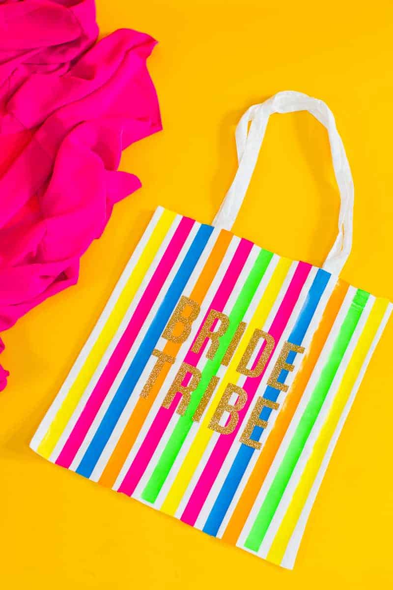 Bride tribe tote bag DIY tutorial Neon fun bridesmaid gift Cricut Explore Iron on Bag_-4