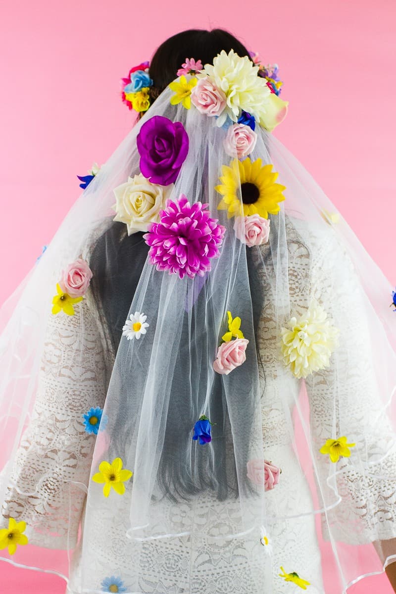 DIY Floral Flower Veil Colourful Fun Tutorial Wedding Faux Flowers-1