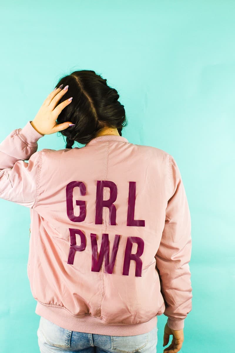 Edited DIY Slogan Bomber Jacker Girl Power GRL PWR Rose Gold Pastel Pink Fashion Tutorial Iron On Cricut-5