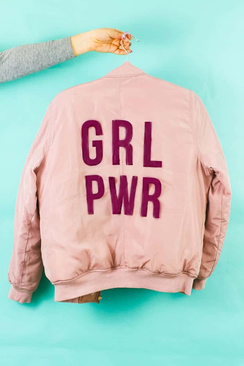 EditedDIY Slogan Bomber Jacker Girl Power GRL PWR Rose Gold Pastel Pink Fashion Tutorial Iron On Cricut-8