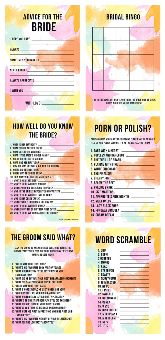 Bridal Shower Games Hen Party Bachelorette Party Watercolour 2 blog