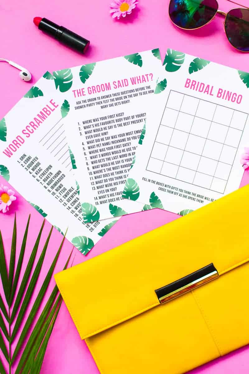What's in your purse bag bridal shower game bachelorette party tropical theme games pack palm pink green-14