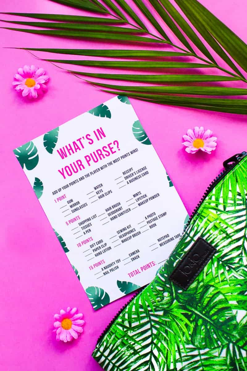 What's in your purse bag bridal shower game bachelorette party tropical theme games pack palm pink green-2