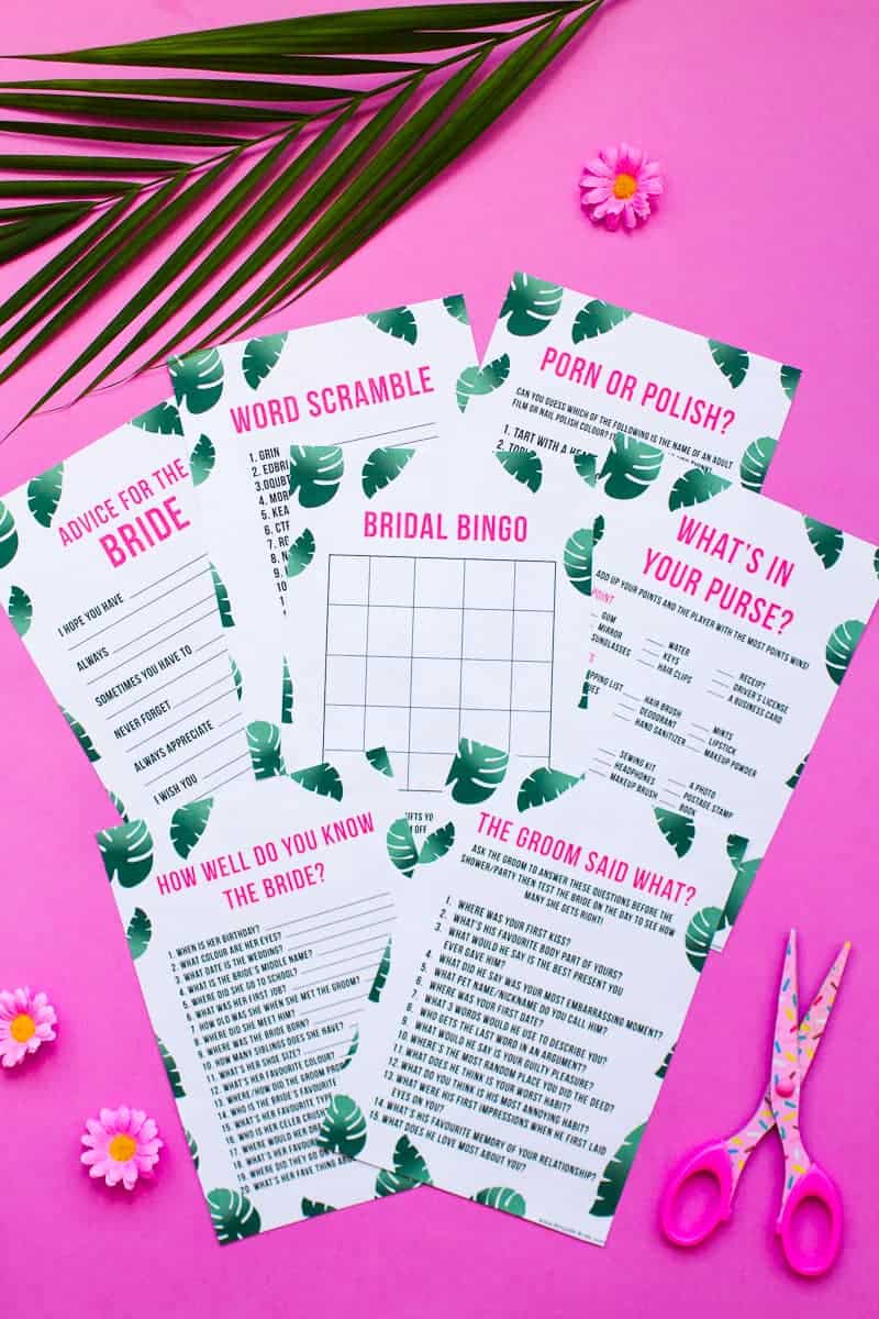 What's in your purse bag bridal shower game bachelorette party tropical theme games pack palm pink green-3