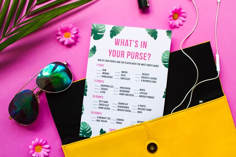 What's in your purse bag bridal shower game bachelorette party tropical theme games pack palm pink green-9