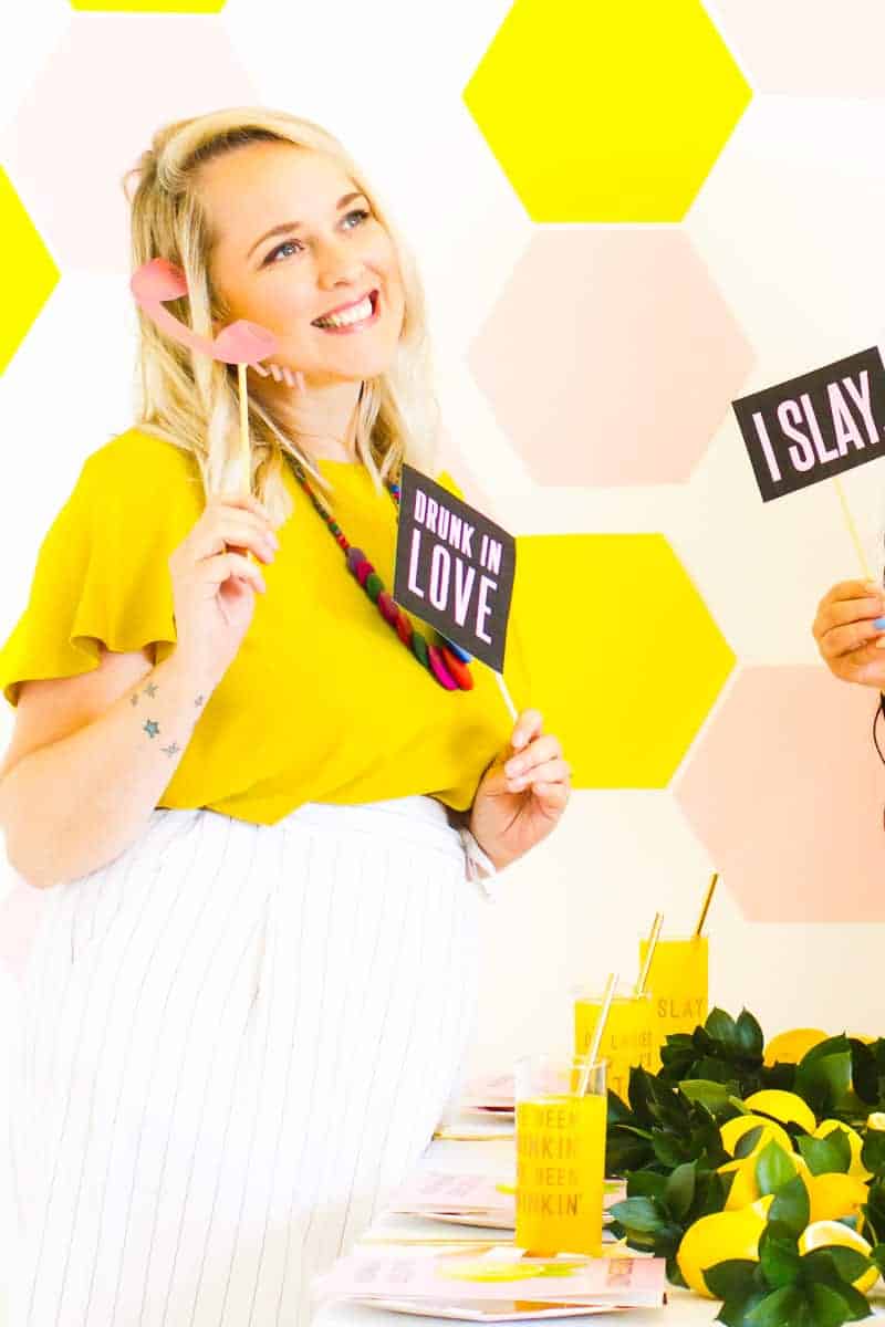 HOW TO STYLE A Beyonce Themed Bachelorette Party - Beyonce Themed Bridal Shower Bachelorette Beyoncé Ideas Styling Bridesmaids Card Bridesmaid Lyric Glasses Accessories Party Photo Booth Props Lemonade Beehive Yellow Pink