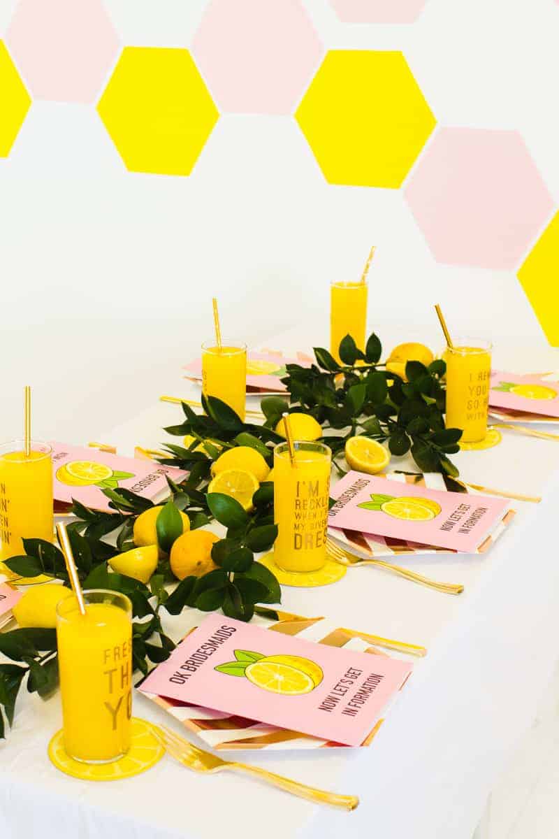 How To Style A Beyonce Themed Bachelorette Party HOW TO STYLE A Beyonce Themed Bachelorette Party - Beyonce Themed Bridal Shower Bachelorette Beyoncé Ideas Styling Bridesmaids Card Bridesmaid Lyric Glasses Accessories Party Photo Booth Props Lemonade Beehive Yellow Pink