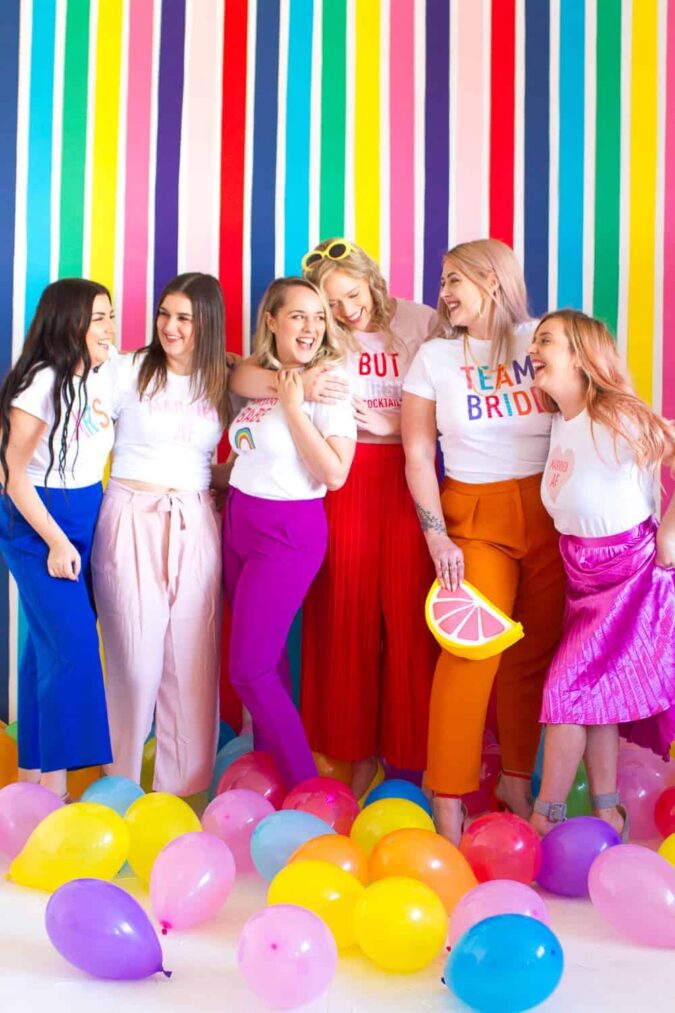 Hen Party T shirts tees Bachelorette Bridal Shower Fun Modern shirts Bespoke Bride Rock on Ruby Colourful Rainbow Bride Squad Team Bride Mrs Married AF-58