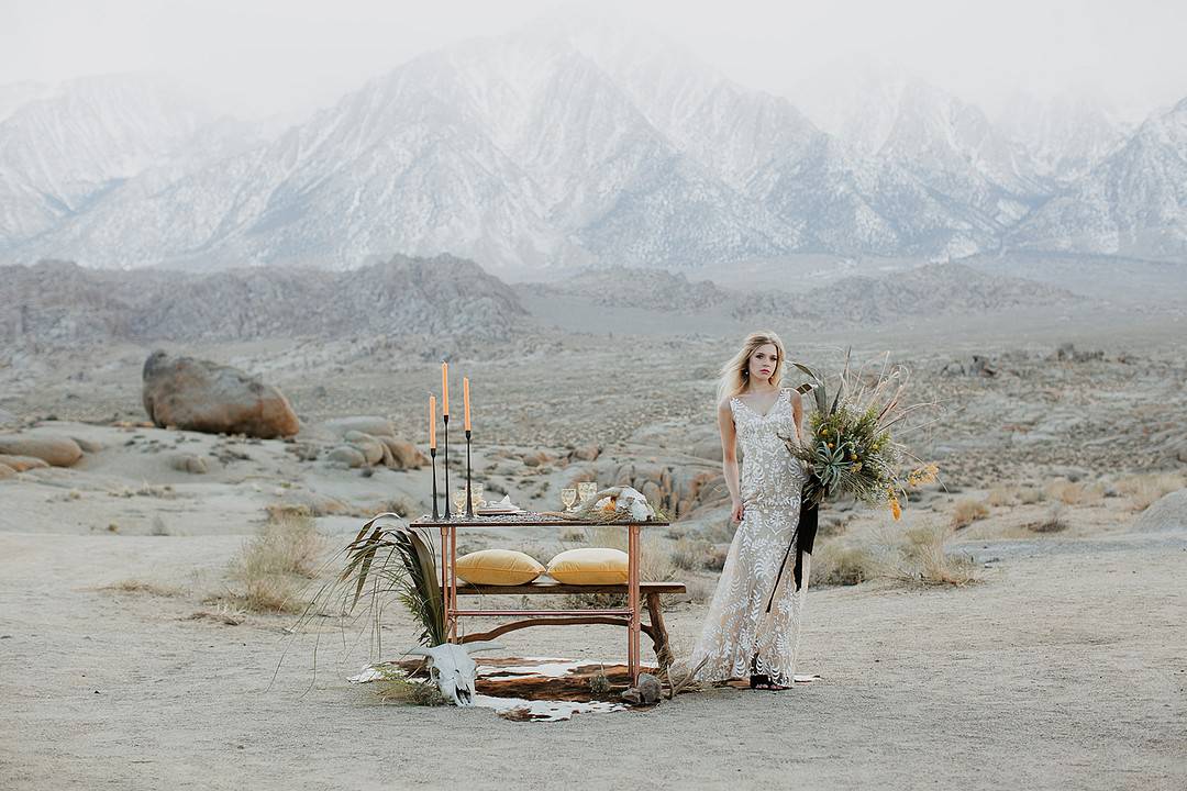 BOHO -CALIFORNIA DESERT WEDDING INSPIRATION -BOHO LACE DRESS- FRINGE JACKET 