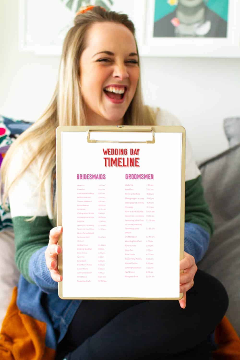 HOW TO MAKE A WEDDING DAY SCHEDULE FOR YOU AND YOUR BRIDAL PARTY FOR A 12PM CEREMONY AND 7PM RECEPTION USING THIS FREE PRINTABLE WEDDING DAY OF TIMELINE. 