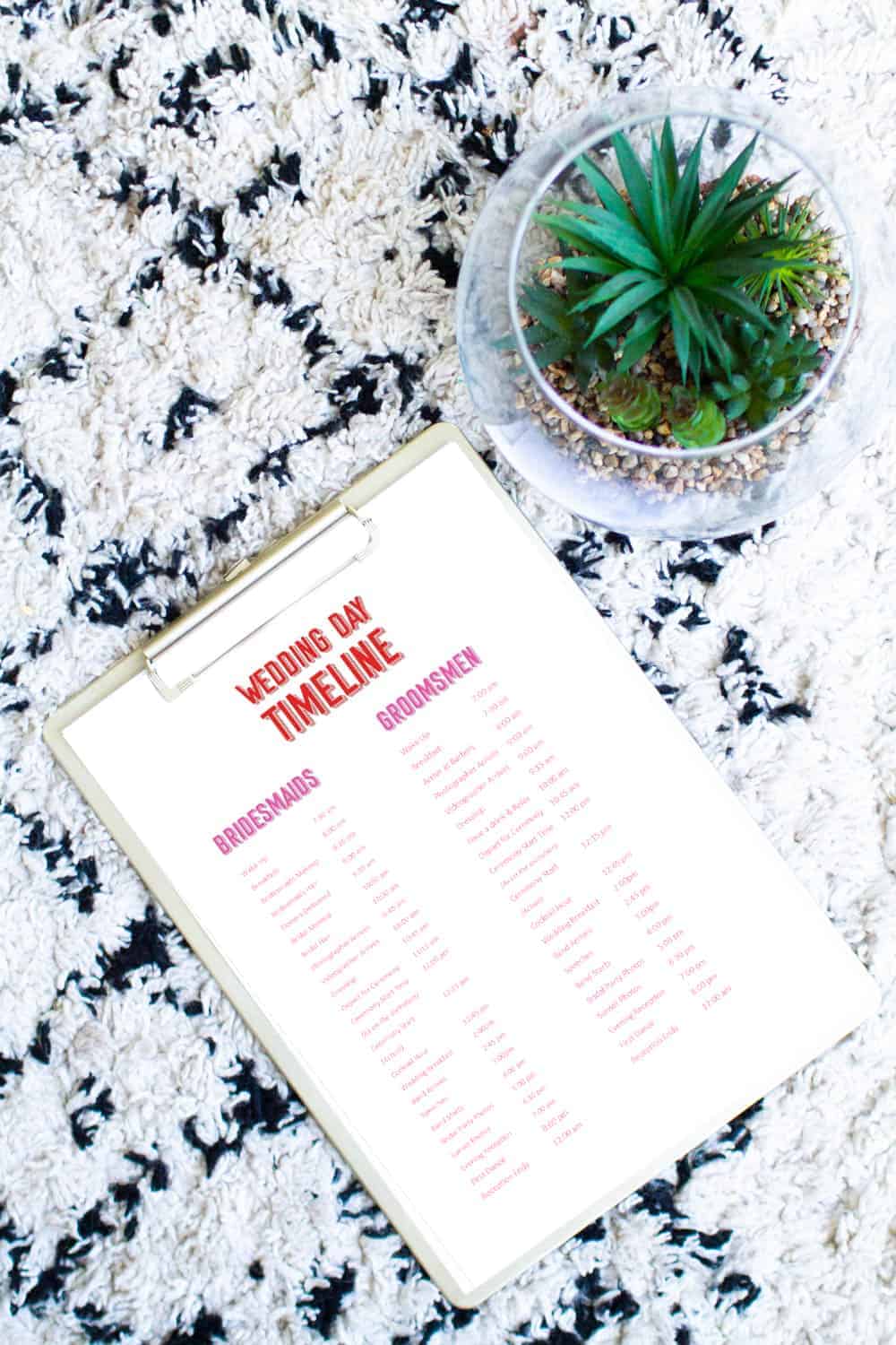 HOW TO MAKE A WEDDING DAY SCHEDULE FOR YOU AND YOUR BRIDAL PARTY FOR A 12PM CEREMONY AND 7PM RECEPTION USING THIS FREE PRINTABLE WEDDING DAY OF TIMELINE. 