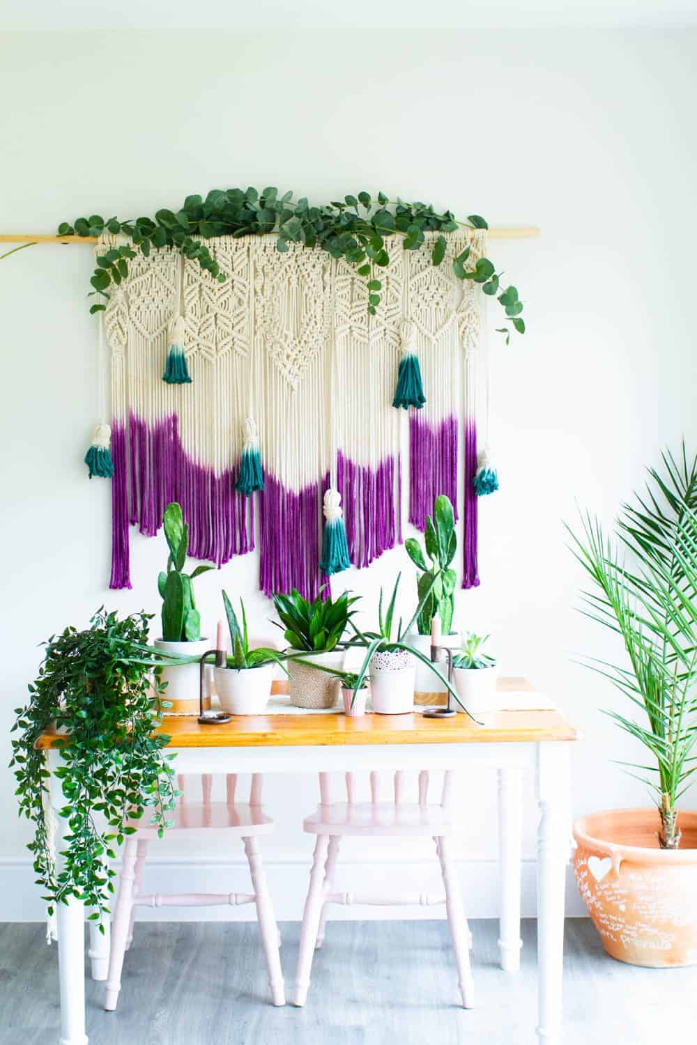 Learn how to make a DIY dyed macrame wall hanging backdrop with this tutorial, perfect for bohemian wedding decor