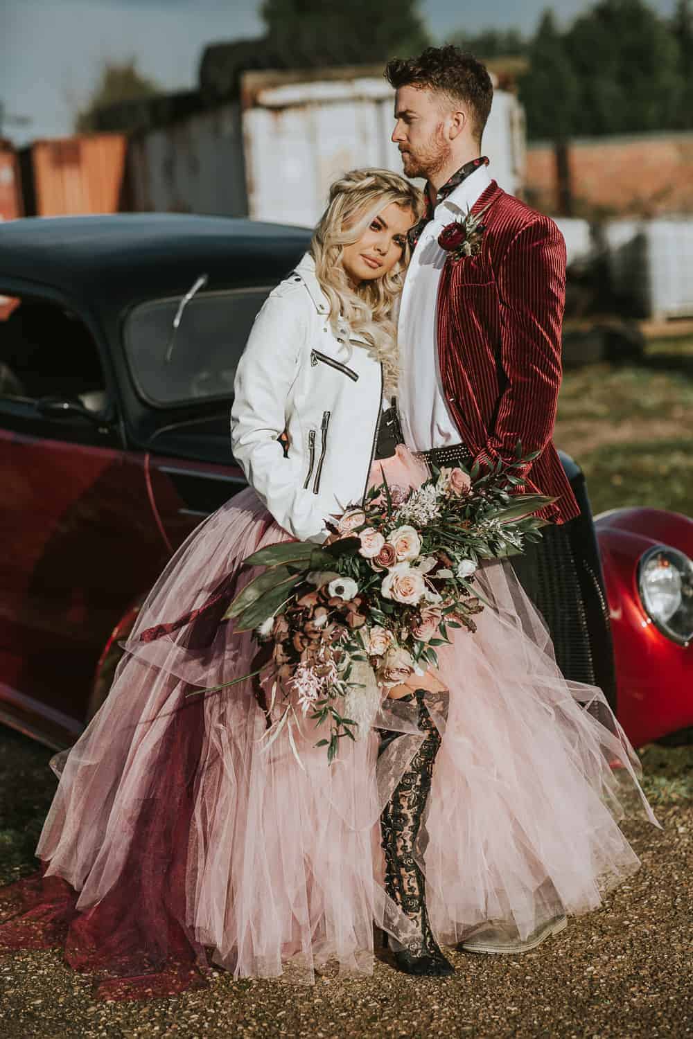 ROMANTIC MOODY ROCK AND ROLL WEDDING INSPIRATION DIY BARN WEDDING VENUE IN NOTTINGHAMSHIRE BURGUNDY COLOUR THEME UNIQUE HOT ROD WEDDING CAR 