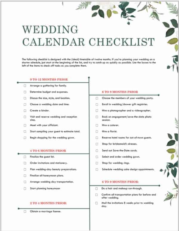 Wedding Calendar Checklist