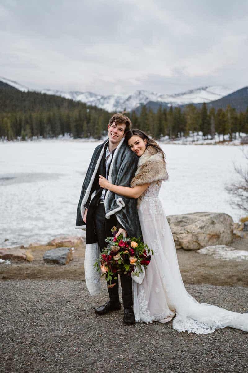 snowy wedding elopement photoshoot in colorado mountains