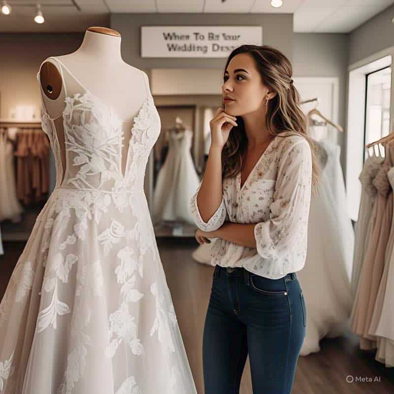 a woman looking at a wedding dress