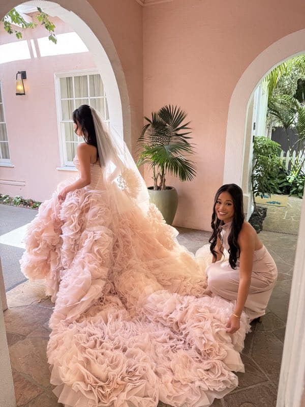 Christina Teenz Tan and Ron Danziger's Creative Wedding Proposal Strikes a Chord Before Their Elegant Hotel Bel-Air Wedding - Christina And Maid Of Honour Sister Of The Bride Stephanie Ford Preparing To Walk Down The Aisle