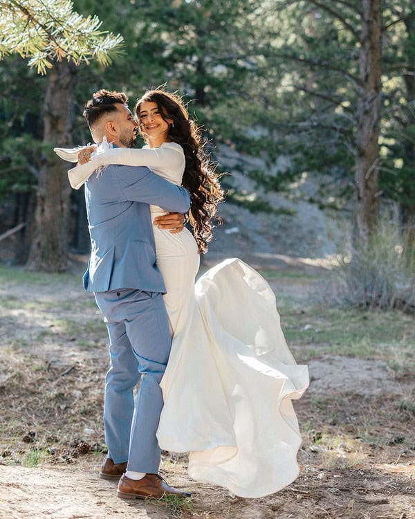 groom and bride hugging at Mount Charleston wedding styled shoot