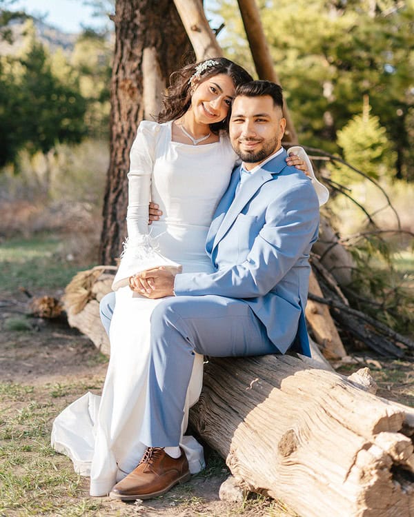 bride and groom sitting on a log at Mount Charleston wedding styled shoot