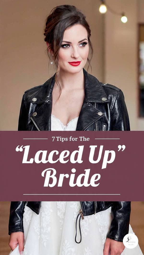 a laced up bride with leather jacket