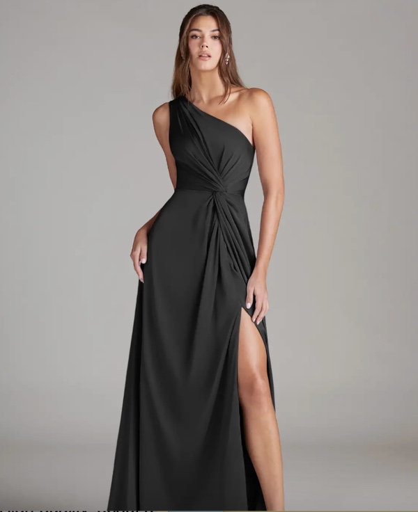 Black A-Line One Shoulder Stretch Satin black bridesmaid Dress