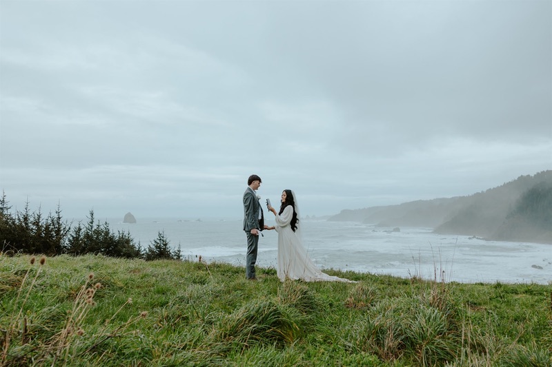bride and groom at Redwood National Park wedding with ocean view