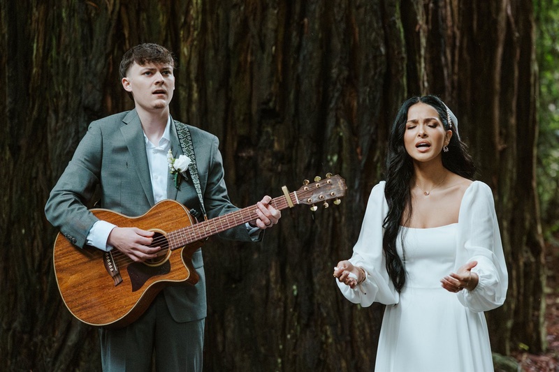 bride and groom singing at a Redwood National Park wedding